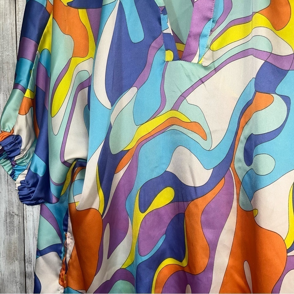 Adrienne Abstract Print Oversized Popover Blouse Blue Orange Purple Medium - Picture 3 of 5